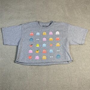 Pac Man Ghost Print Crop T Shirt Womens Medium Grey Short Sleeve Crew Neck